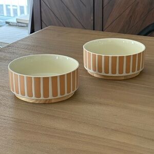 Ceramic Dog Bowl Set with Wood Base | Neutral Tan & Cream